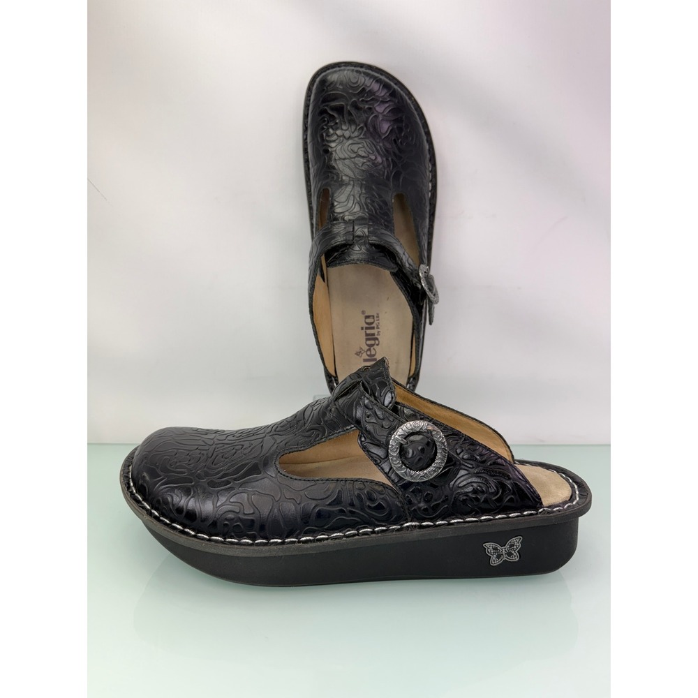 Alegria Clogs Mule Tooled Floral Leather Mary Jane 42 Black Comfort Shoes Nurse